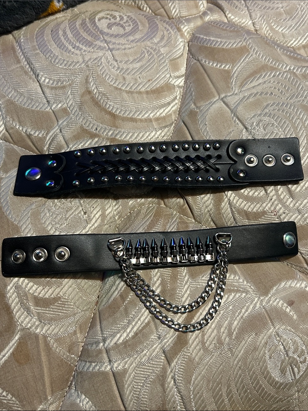 Black Leather Stud & Chain Wrist Cuffs for Men